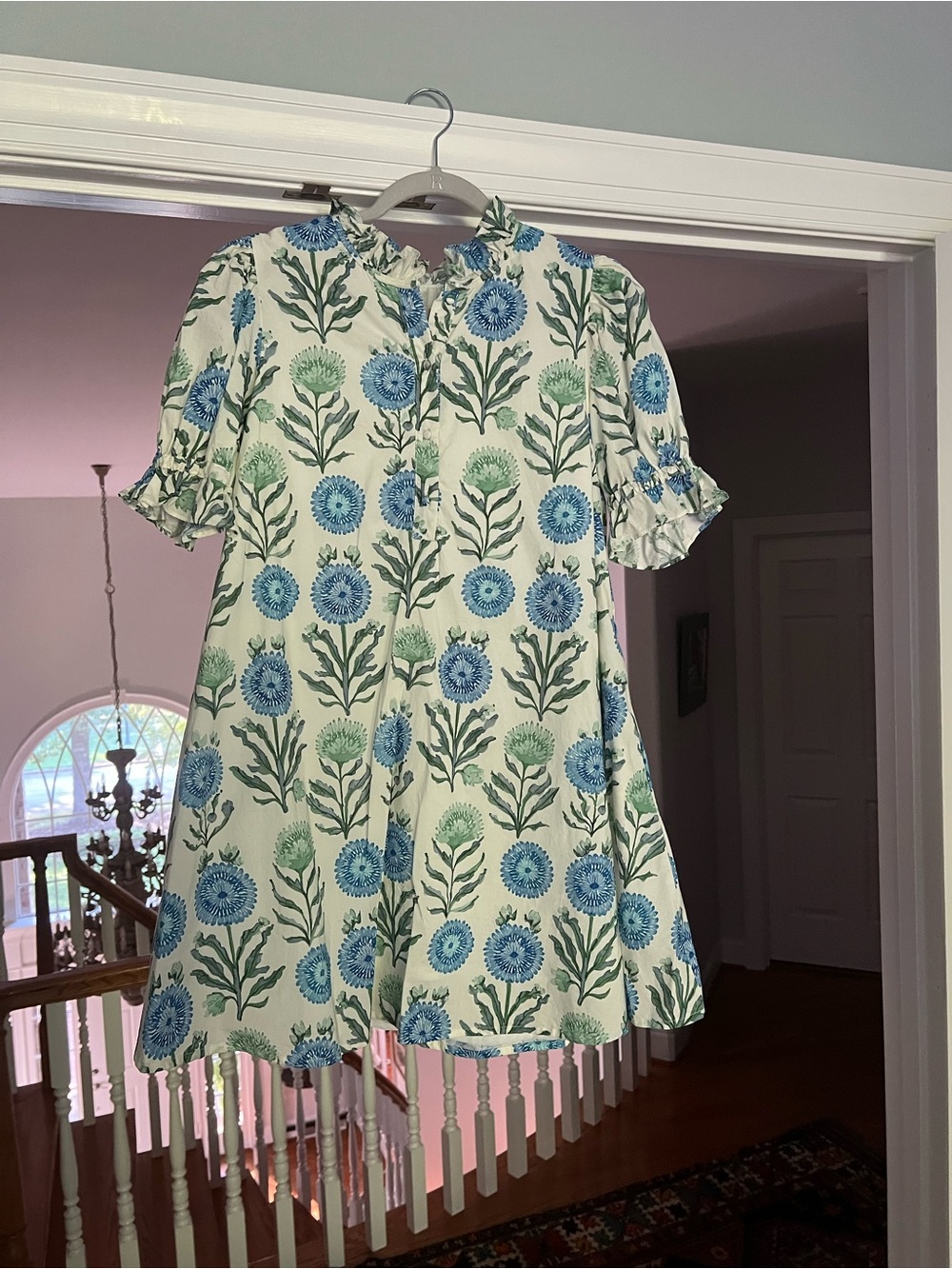 Floral Blue & Green Ruffle-Sleeve Dress